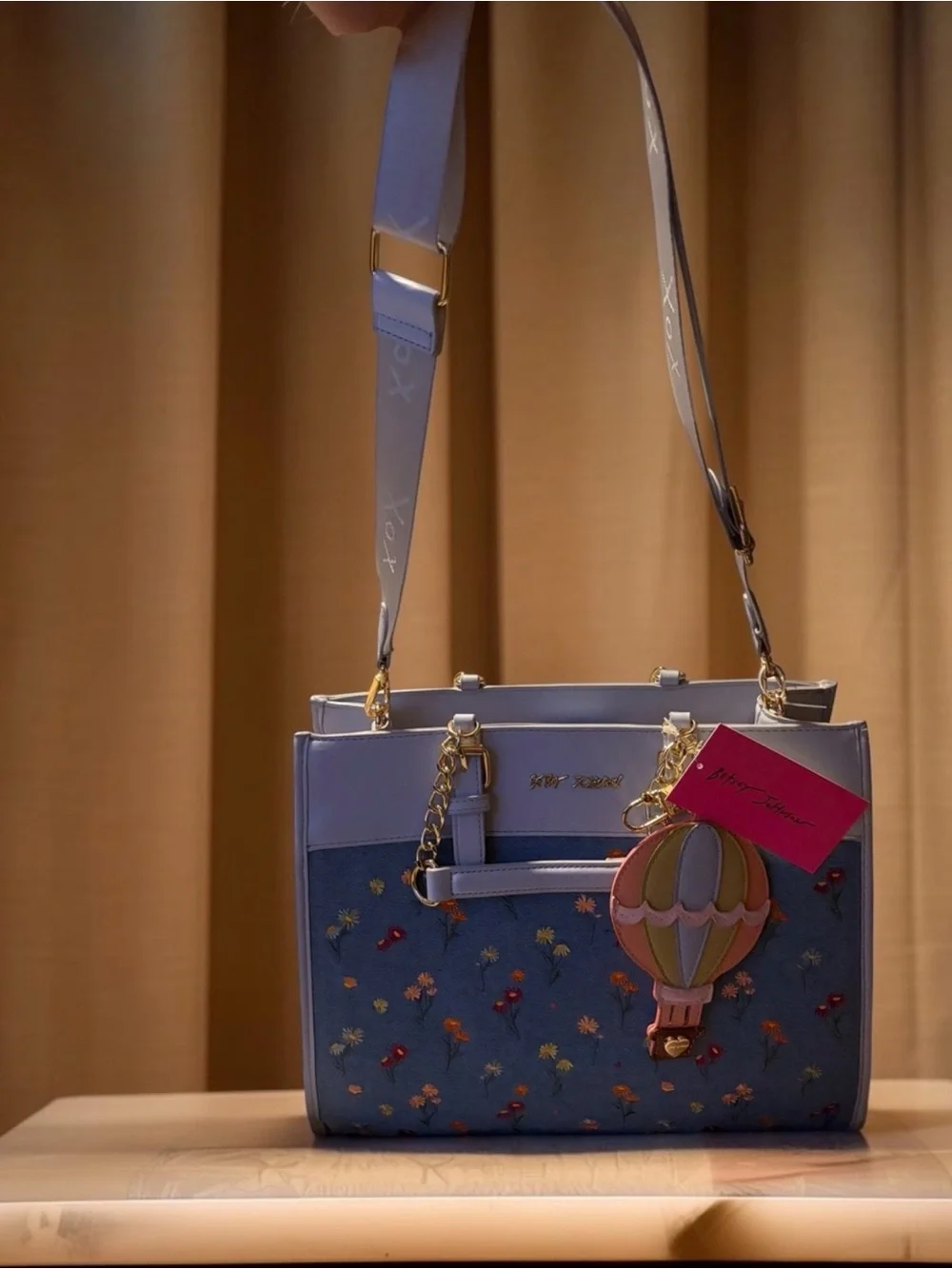 Betsey Johnson Denim Floral Satchel with Pastel Hot Air Balloon Charm NWT